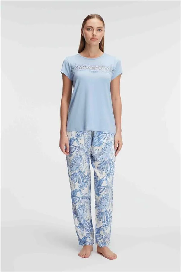 Arias Closet Kısa Kol Bisiklet Yaka Kadın Viskon Çiçek Desenli Yazlık ÖRME Dantel Detaylı Pijama Takımı