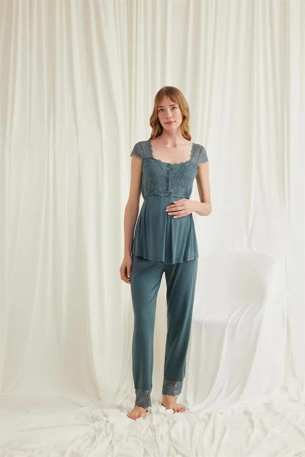 Arias Closet Dantelli Önü Düğmeli Hamile Lohusa 3'lü Viskon Pijama Takımı