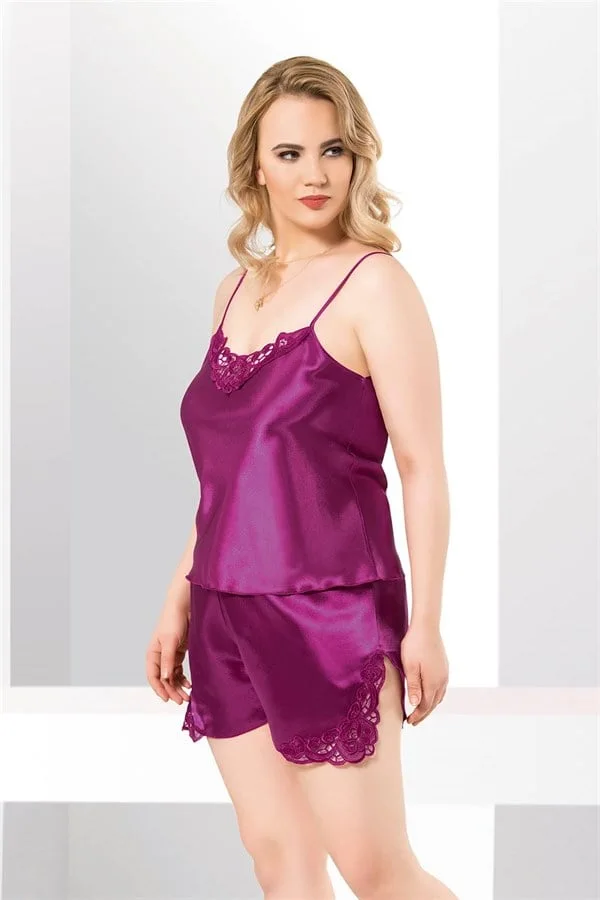 Şık Tasarım Yumuşak Dokulu Büyük Beden Dantel İşlemeli Mor Saten Babydoll Şort Takımı