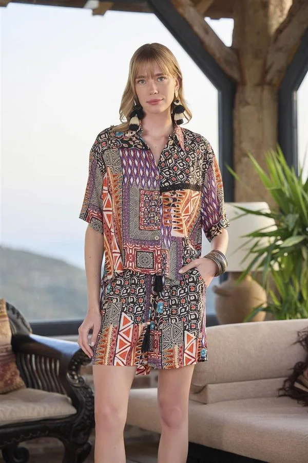 Arias Closet Etnik Desenli Önü Düğmeli Alt Üst Takım