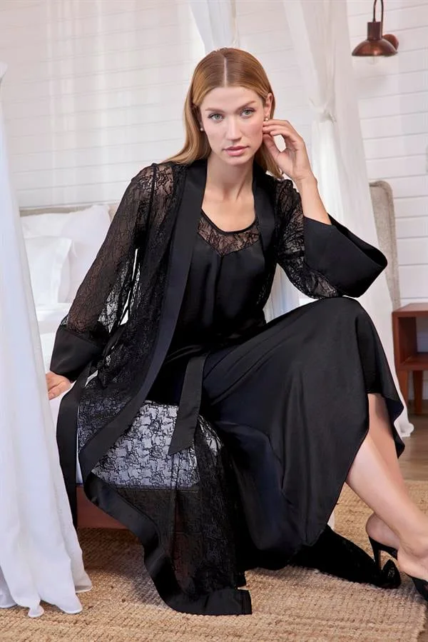 Arias Closet Uzun Kollu Dantelli ve Kuşaklı Sabahlık