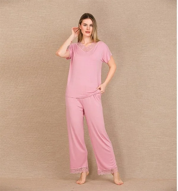 Arias Closet Viskon Şık Tasarım Dantel İşlemeli Pembe Kısa Kol Pijama Takımı