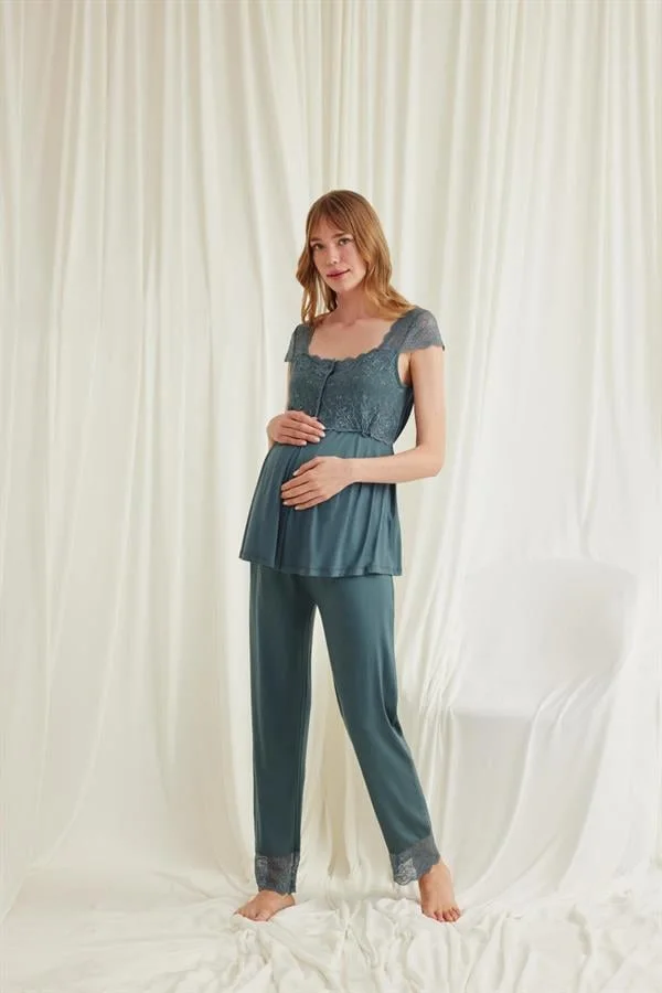Arias Closet Dantelli Önü Düğmeli Hamile Lohusa 3'lü Viskon Pijama Takımı