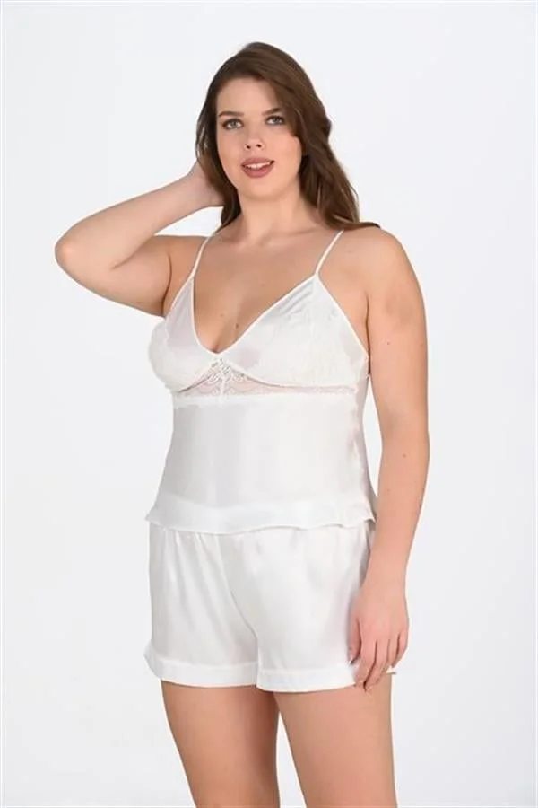 Arias Closet Büyük Beden Ekru Saten Şort Takımı