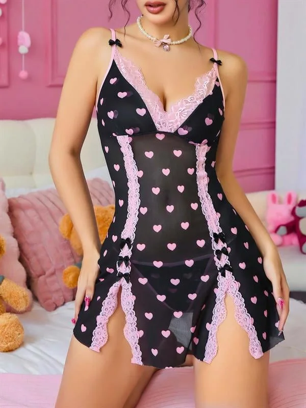 Arias Closet Siyah Kalp Desenli Dantel İşlemeli Fantezi Gecelik