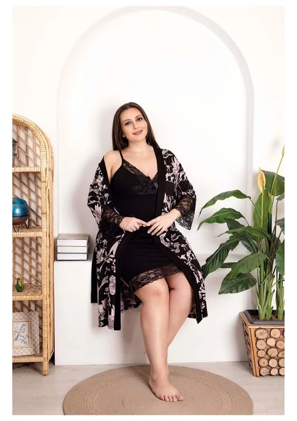 Arias Closet Büyük Beden Çiçek Desenli Dantel İşlemeli Siyah 2'li Gecelik Sabahlık Takımı