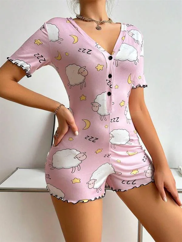 Arias Closet Pamuklu Pembe Kuzu Desenli Düğmeli Uzun Kol Tulum Pijama