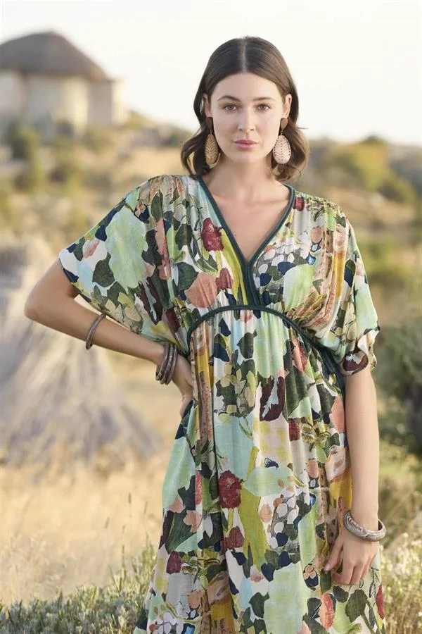 Arias Closet %100 Viskon Çiçek ve Yaprak Desenli Kısa Kollu Elbise