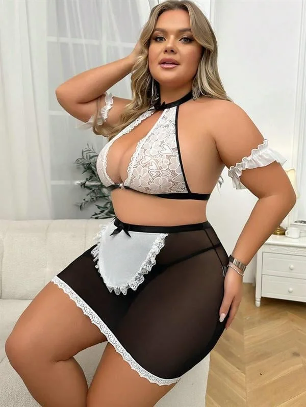 Arias Closet Özel Tasarım Büyük Beden Dantelli Fantezi Hizmetçi Kostümü