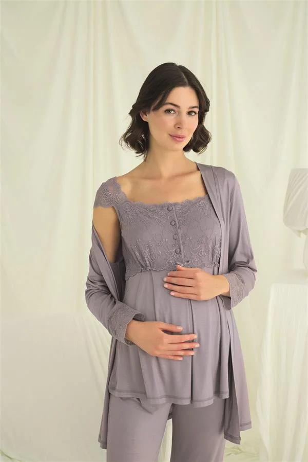 Arias Closet Dantelli Önü Düğmeli Hamile Lohusa 3'lü Pijama Takımı