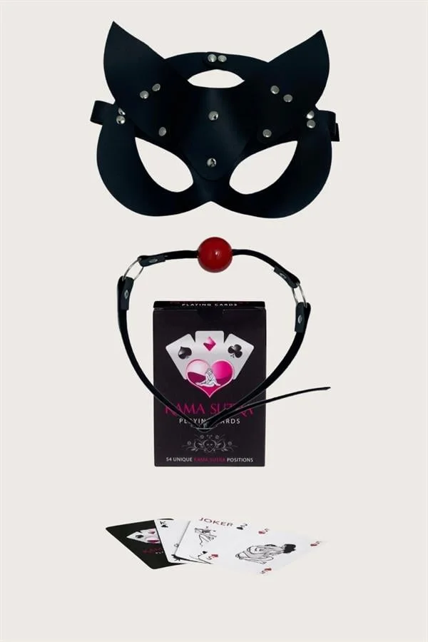 Arias Closet Sexy Görselli Oyun Kartı Kama Sutra Siyah Ağız Topu Maske Set