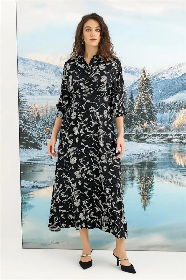 Arias Closet %100 Viskon Desenli Truvakar Kollu Saten Elbise