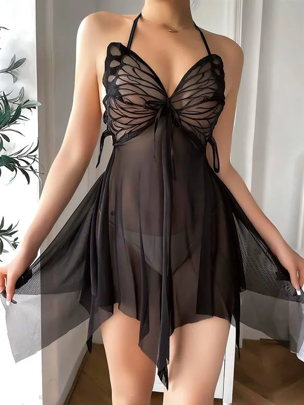 Arias Closet Siyah Kelebek İşlemeli Tül Fantezi Gecelik