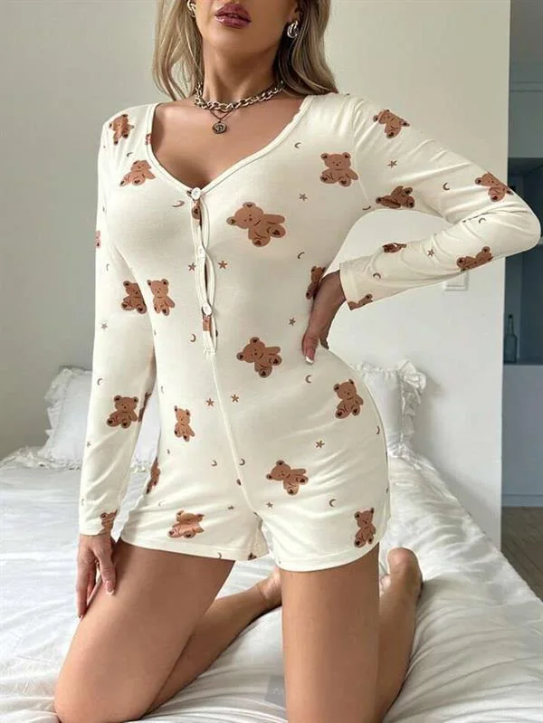 Arias Closet Pamuklu Ekru Ayıcık Desenli Düğmeli Tulum Pijama