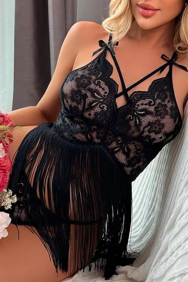Arias Closet Siyah Püsküllü Dantel Detaylı Fantezi Gecelik
