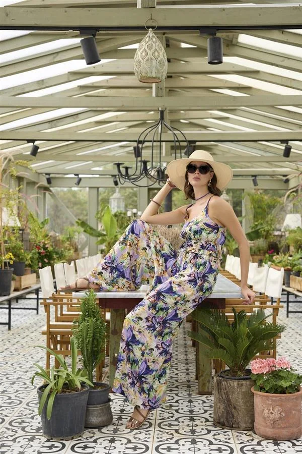 Arias Closet Çiçek ve Yaprak Desenli İp Askılı Tulum