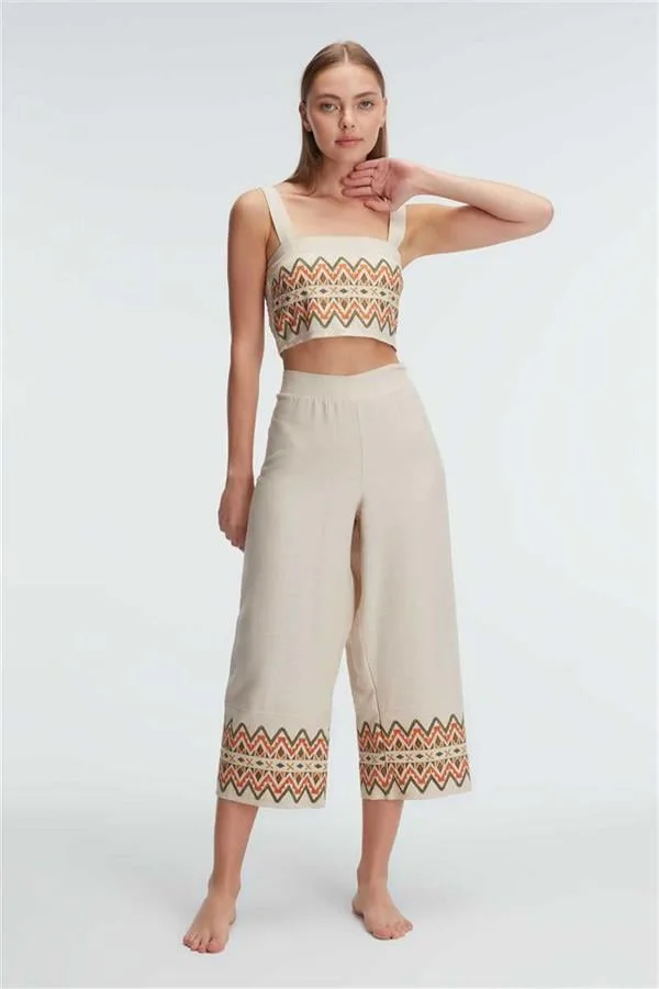 Arias Closet Askılı Oyuk U Yaka Geometrik Yazlık Uzun Nakış Detaylı Pijama Takımı