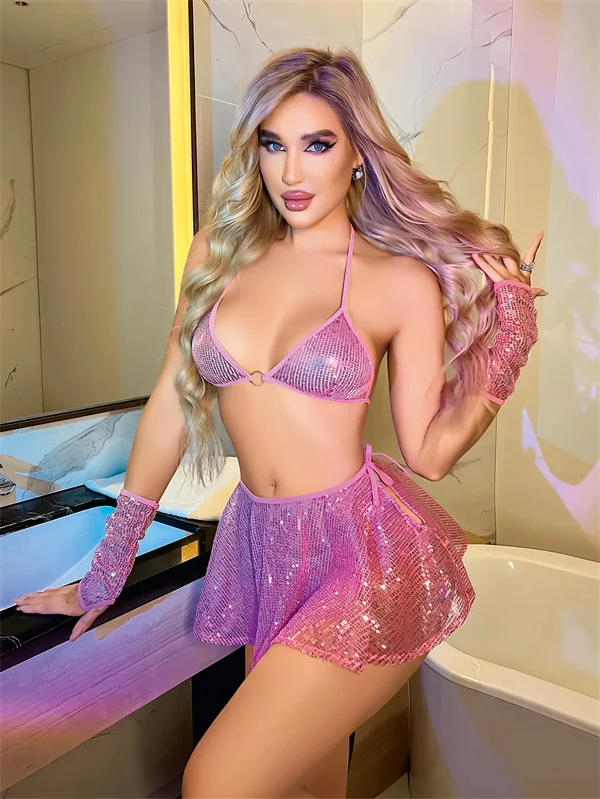 Arias Closet Pembe Parlak Işıltılı Fantezi Etekli Sütyen Takımı