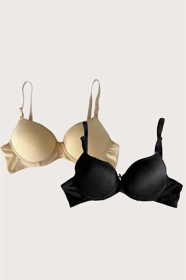 Arias Closet Siyah-Ten 2'li Mikro Kumaş Push Up Dolgulu Balenli Günlük Destekli Sütyen