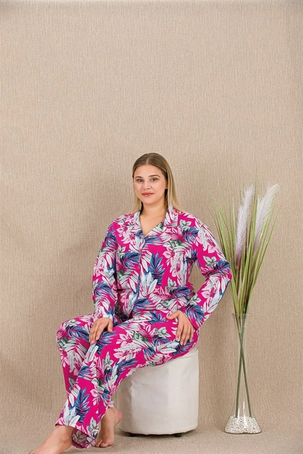 Arias Closet Büyük Beden Renkli Yaprak Desenli Düğmeli Uzun Kol Viskon Pijama Takımı