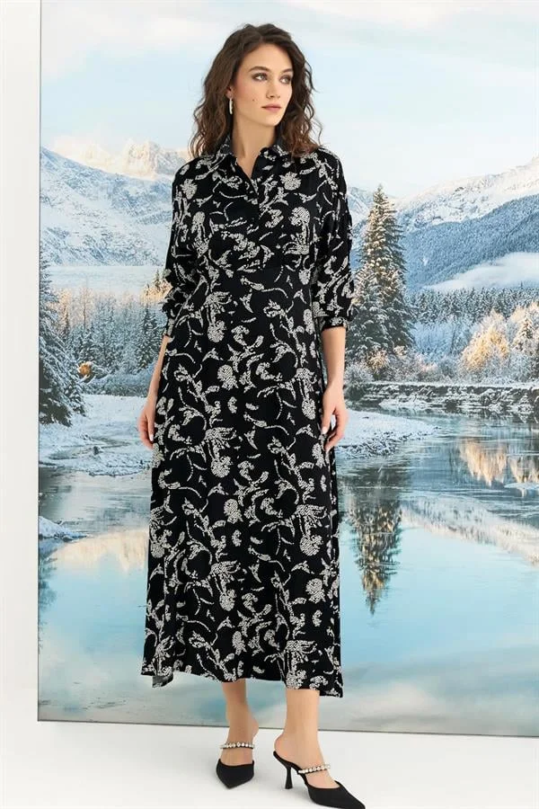 Arias Closet %100 Viskon Desenli Truvakar Kollu Saten Elbise