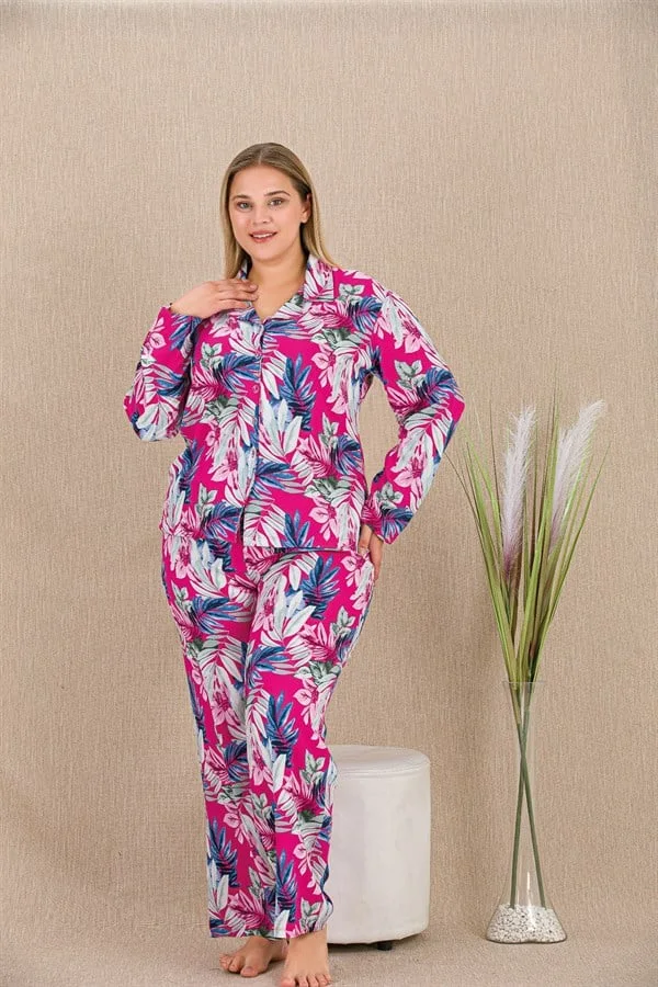 Arias Closet Büyük Beden Renkli Yaprak Desenli Düğmeli Uzun Kol Viskon Pijama Takımı