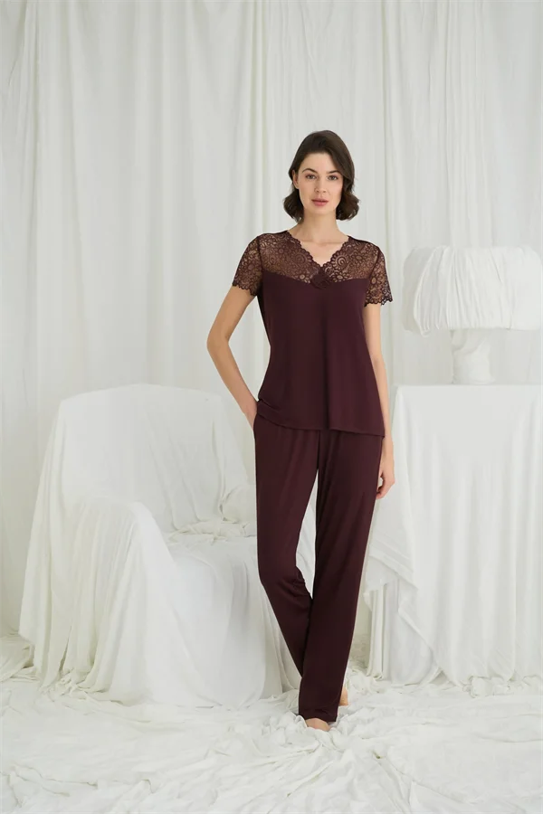 Arias Closet Kısa Kollu ve Dantelli V Yaka Pijama Takımı