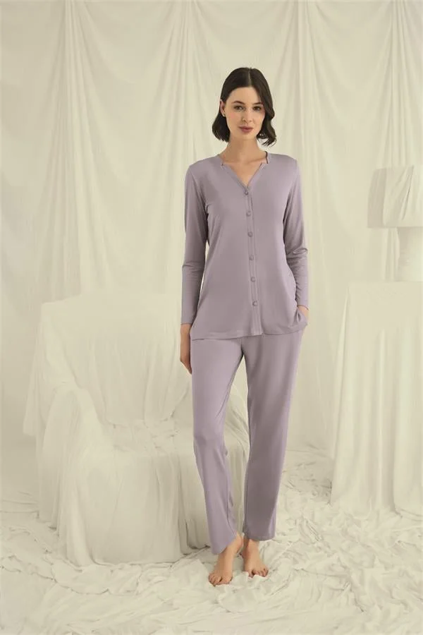 Arias Closet Uzun Kollu Boydan Düğmeli V Yaka Pijama Takımı
