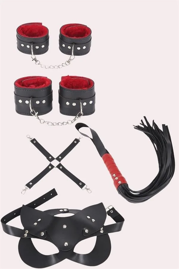 Arias Closet 4'lü Kol Bacak Kırbaç Maske Deri Aksesuar Set
