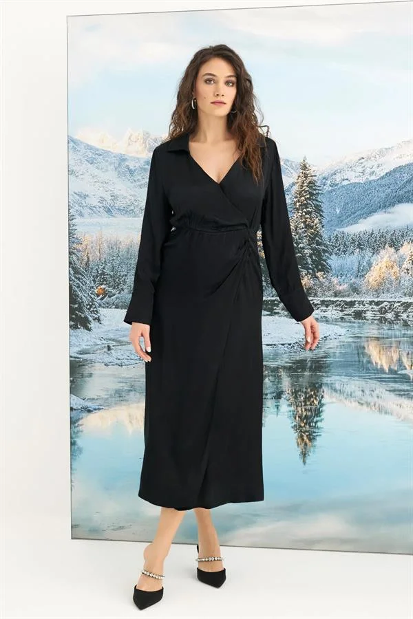 Arias Closet %100 Viskon Uzun Kollu Saten Elbise