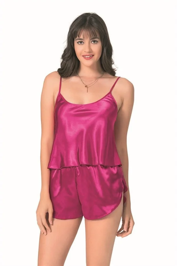Şık Tasarım Yumuşak Dokulu Vişne Saten Babydoll Şort Takımı