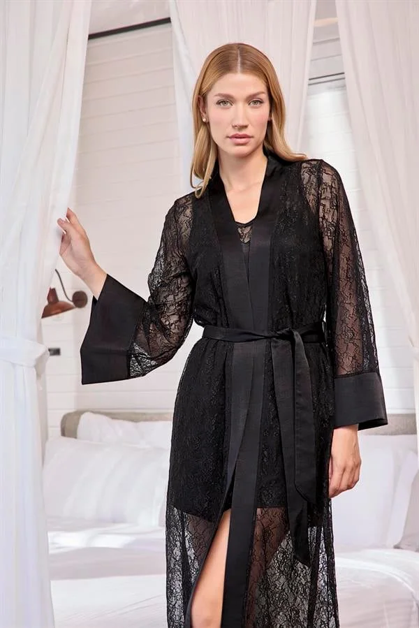 Arias Closet Uzun Kollu Dantelli ve Kuşaklı Sabahlık