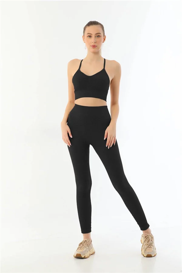 Arias Closet Siyah MI Emay 3921 Soft Seamless Ripli Tayt Yoga Takımı