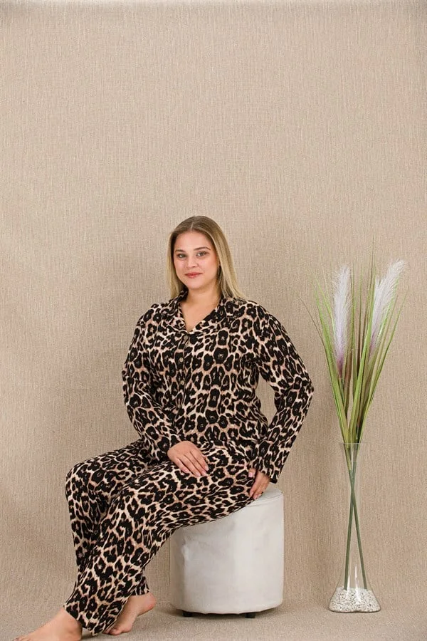 Arias Closet Büyük Beden Leopar Desenli Düğmeli Uzun Kol Viskon Pijama Takımı
