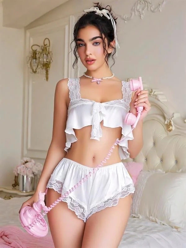 Arias Closet Beyaz Dantel İşlemeli Sütyenli Saten Şortlu Takım