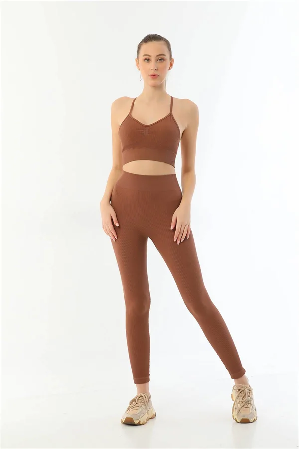 Arias Closet Kahve MI Emay 3921 Soft Seamless Ripli Tayt Yoga Takımı