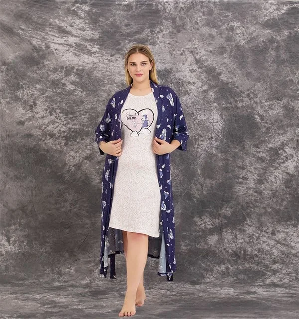 Arias Closet Büyük Beden Sweet Dreams Yazılı Desenli 2'li Viskon Gecelik Sabahlık Takımı