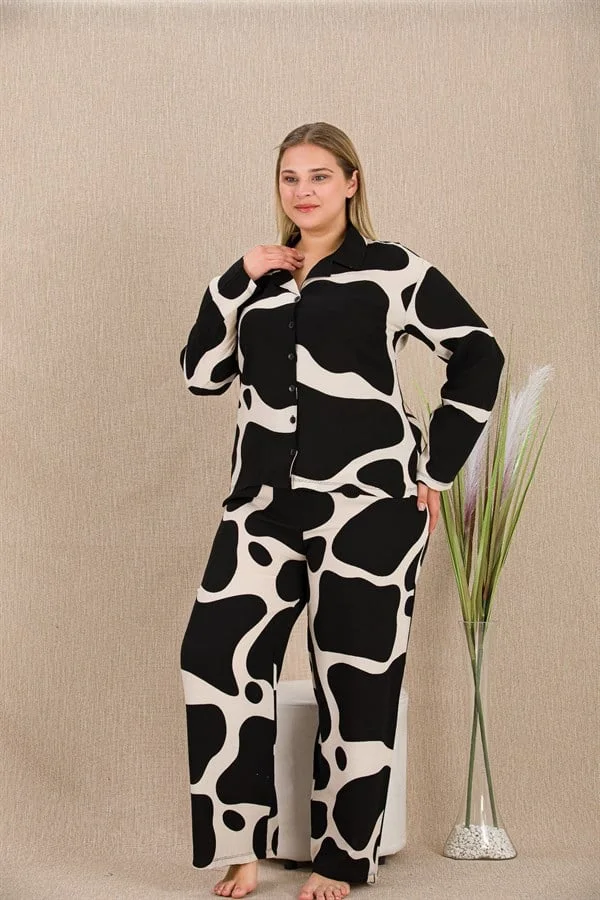 Arias Closet Büyük Beden Siyah Beyaz Desenli Düğmeli Uzun Kol Viskon Pijama Takımı