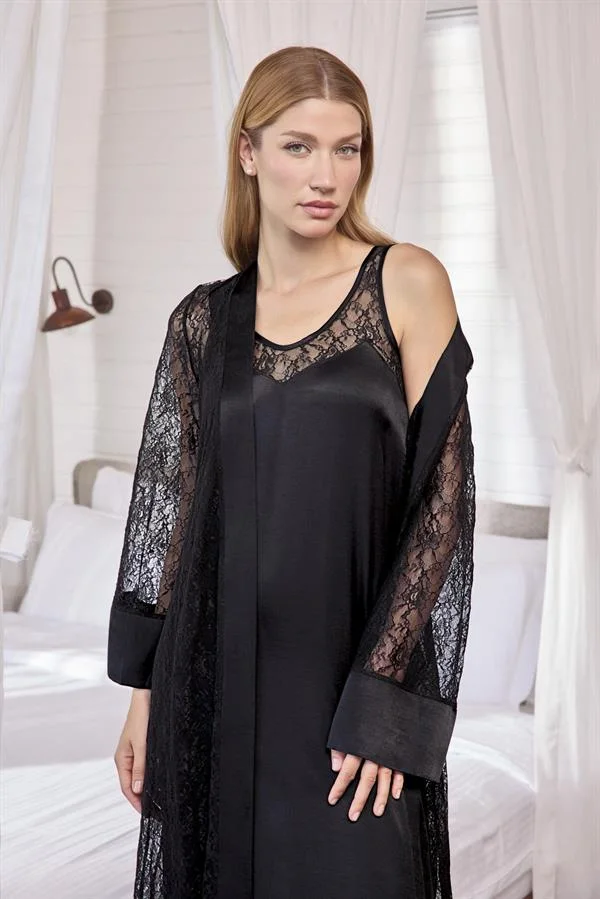 Arias Closet %100 Viskon Dantelli ve Dekolteli Saten Sabahlık Takımı