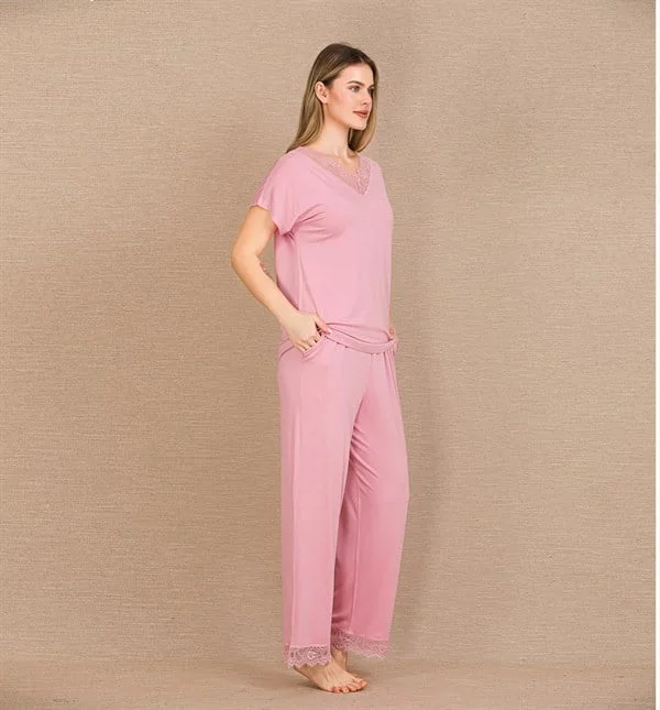 Arias Closet Viskon Şık Tasarım Dantel İşlemeli Pembe Kısa Kol Pijama Takımı