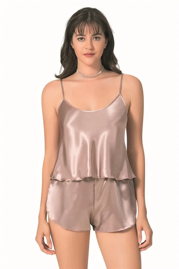 Şık Tasarım Yumuşak Dokulu Vizon Saten Babydoll Şort Takımı