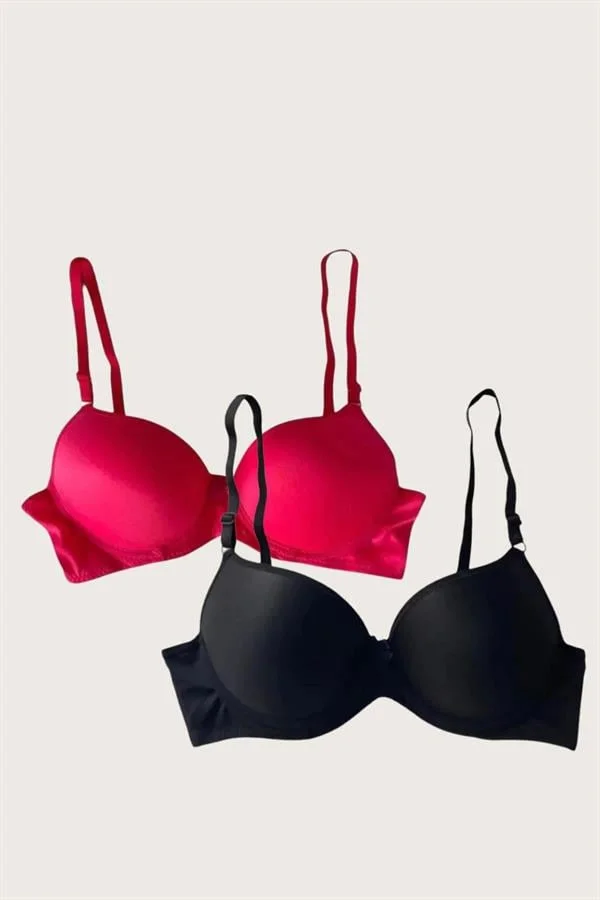 Arias Closet Siyah-Kırmızı 2'li Mikro Kumaş Push Up Dolgulu Balenli Günlük Destekli Sütyen