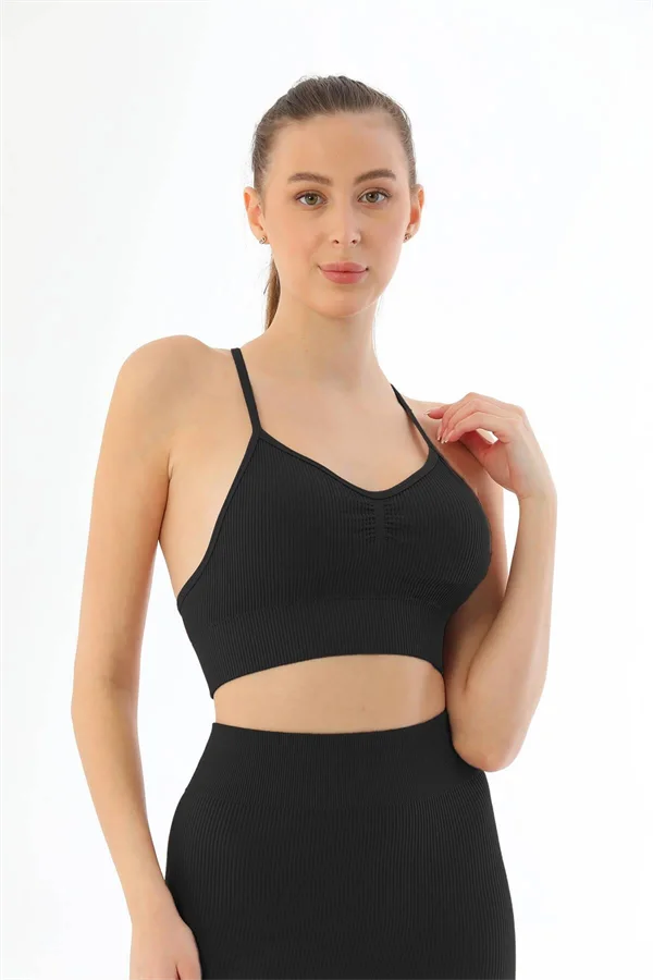 Arias Closet Siyah MI Emay 3921 Soft Seamless Ripli Tayt Yoga Takımı