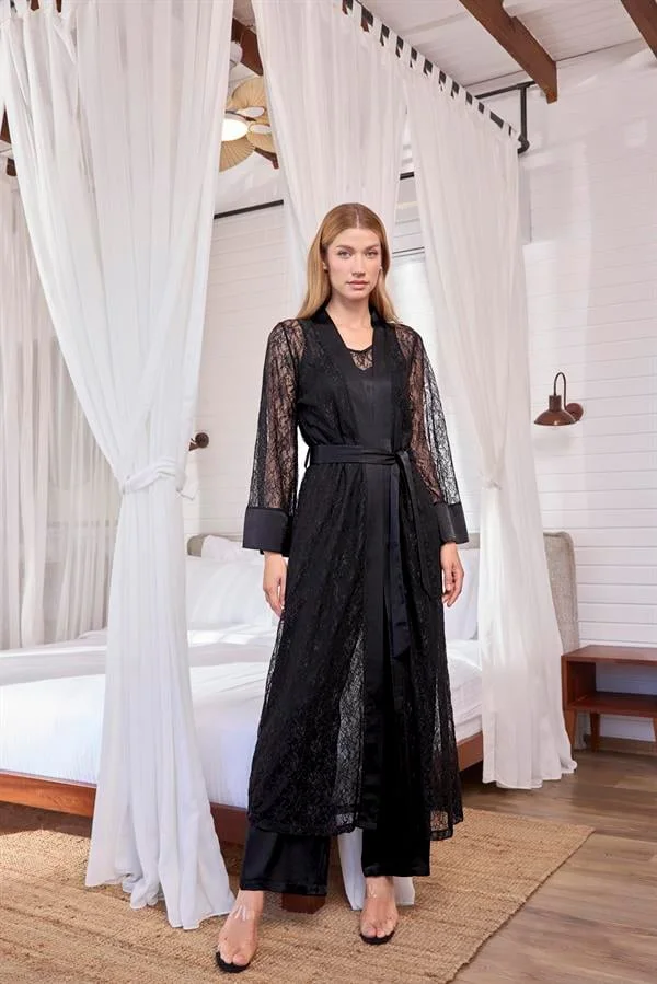 Arias Closet Uzun Kollu Dantelli ve Kuşaklı Sabahlık