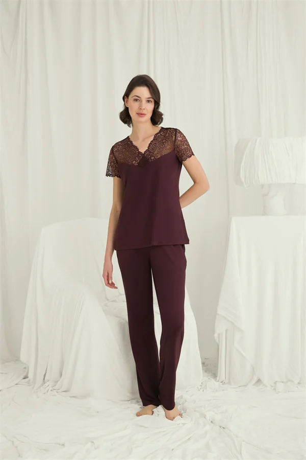 Arias Closet Kısa Kollu ve Dantelli V Yaka Pijama Takımı