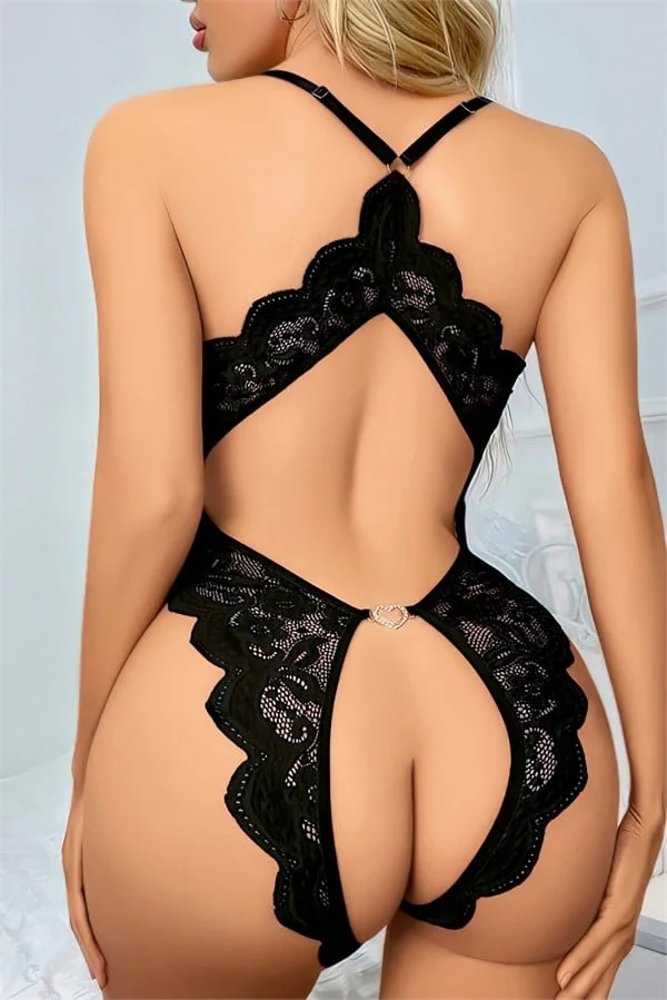 Siyah Özel Bölgesi Açık Dantel İşlemeli Fantezi Body