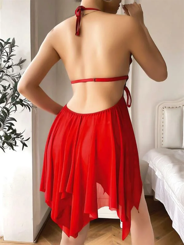 Arias Closet Göğüs Kelebek Detaylı Fantezi Tül Kırmızı Gecelik