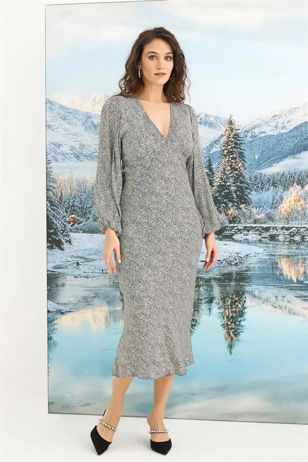 Arias Closet %100 Viskon Desenli Uzun Kollu Saten Elbise