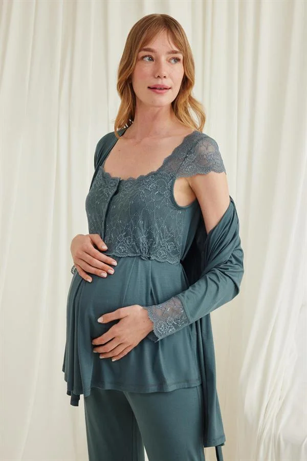 Arias Closet Dantelli Önü Düğmeli Hamile Lohusa 3'lü Viskon Pijama Takımı