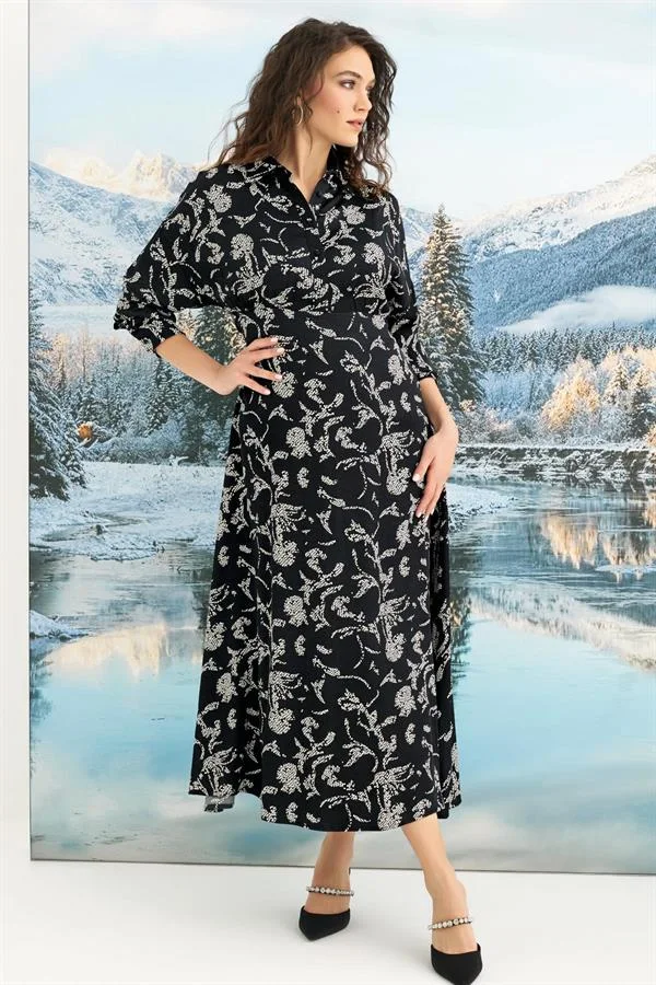 Arias Closet %100 Viskon Desenli Truvakar Kollu Saten Elbise